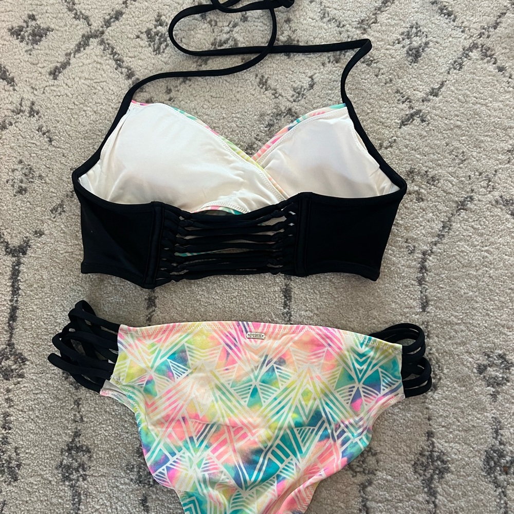Victoria's Secret Pastel Geometric Bikini with Black Trim - Picture 2 of 4